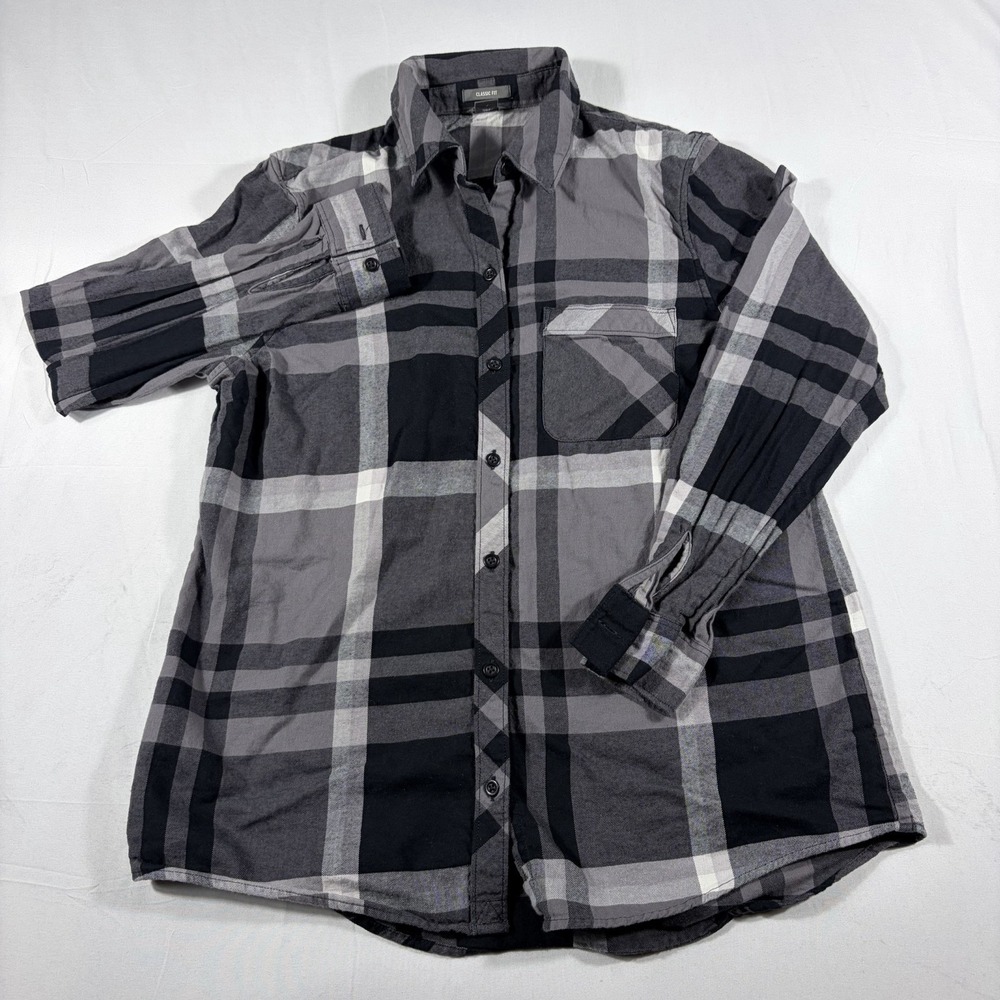 Eddie Bauer Womens Plaid Flannel Button Up Shirt Gray Black Classic Fit Hiking M
